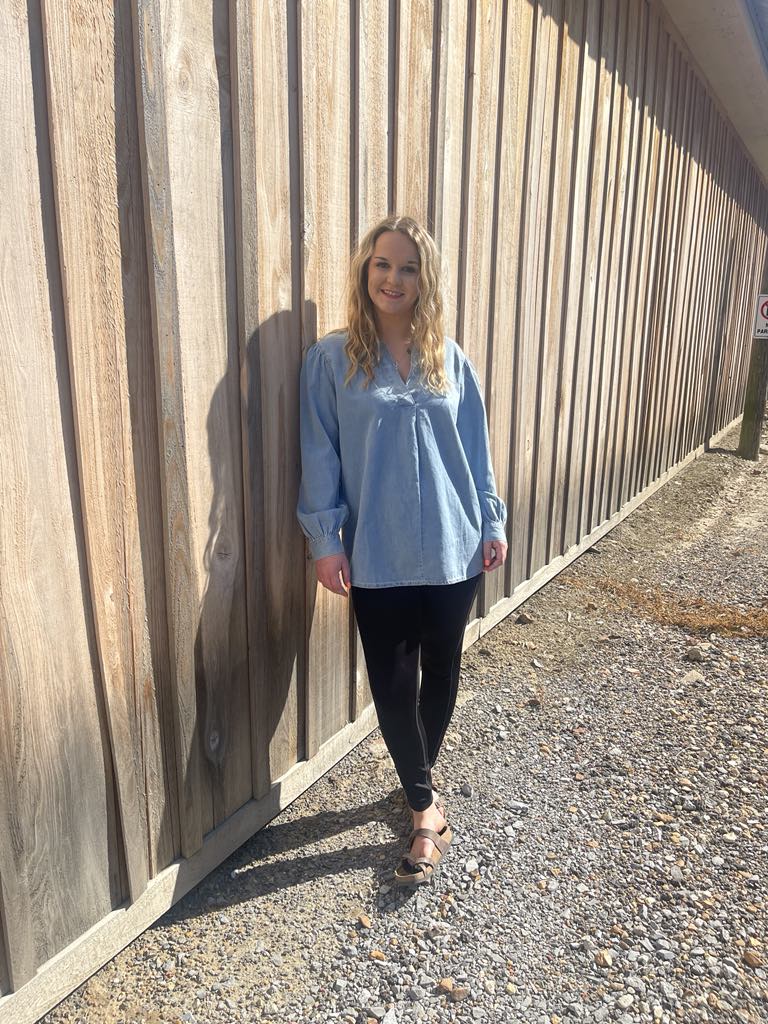 Blue Split V Neck Oversized Denim Blouses